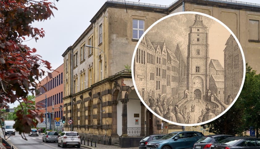 Ulica Purkyniego, a na zdjęciu w kółku - Wieża Dobrej Kaszy