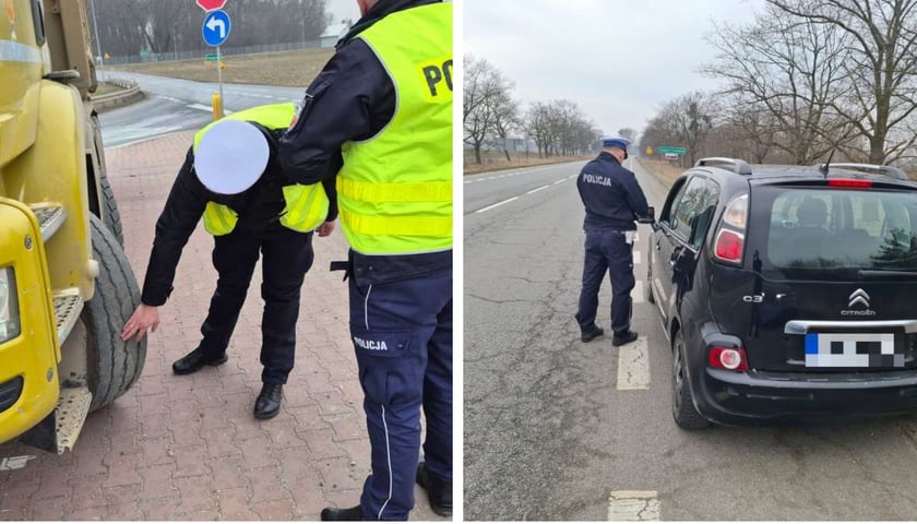 Kontrole stanu technicznego pojazdów na dolnośląskich drogach, 12.02.2025. Kolaż dwóch zdjęć