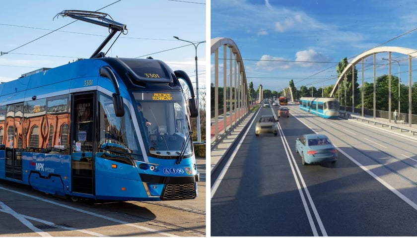 Na zdjęciu z lewej tramwaj na jednym z wrocławskich torowisk, z prawej wizualizacja tramwaju na Swojczyce