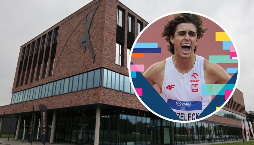 W tle budynek KGHM Ślęza Arena przy ul. Kłokoczyckiej 1 we Wrocławiu, w kółku lekkoatleta - fragment plakatu Halowych Mistrzostw Polski U18 i U20