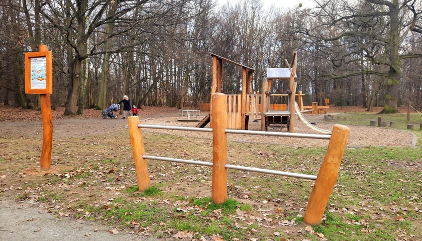 Plac zabaw dla dzieci w parku Złotnickim we Wrocławiu.