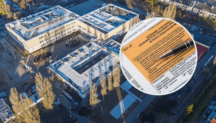 ZSP na Zwycięskiej w trakcie budowy, grudzień 2025 (widok z góry). W kółku: formularz PIT, długopis, zdjęcie ilustracyjne