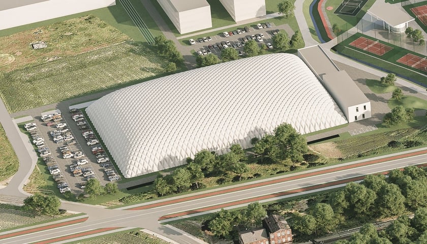 Wizualizacja krytego boiska - pierwszy etap Wrocławskiego Centrum Sportu na Leśnicy (baza treningowa Akademii WKS Śląsk)