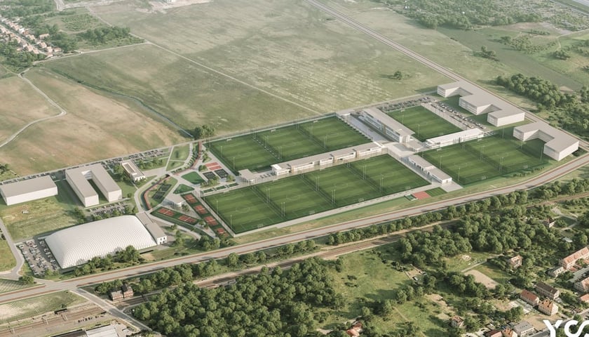 <p>Wizualizacja Wrocławskiego Centrum Sportu (bazy treningowej Akademii WKS Śląsk) - cały kompleks</p>