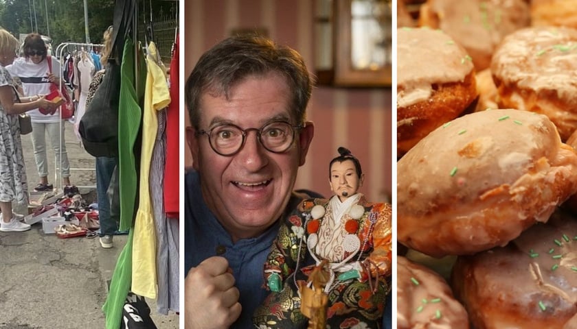 Na zdjęciach od lewej-pchli targ przy Kasztanowej, Zbigniew Szymczyk z lalką z własnej kolekcji, pączki 