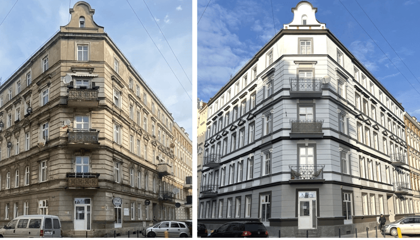 Kamienica przy ul. Chudoby 15 - z lewej przed, z prawej po remoncie