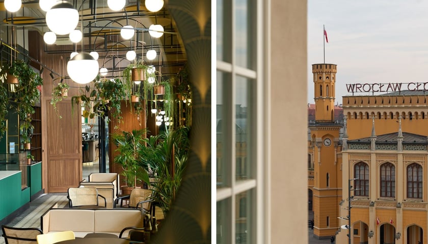 Dwa zdjęcia z nowego hotelu Grand: po lewej jest wnętrze kawiarni, po prawej widok z okna na dworzec główny