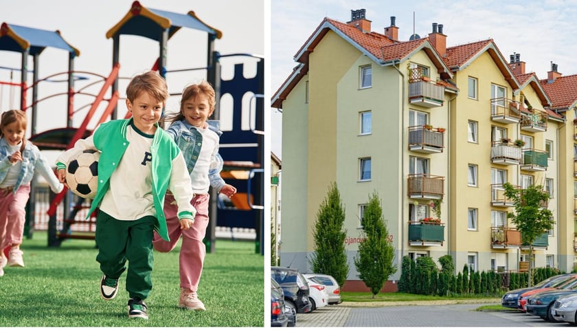 Budynki mieszkalne TBS Wrocław i dzieci na placu zabaw