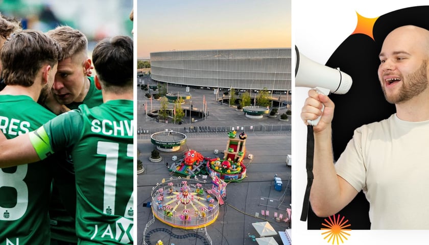 Na trzech zdjęciach drużyna WKS Śląsk, wesołe miasteczko przy Tarczyński Arena Wrocław i młody mężczyzna z megafonem- zapowiedź targów odbywających się na stadionie 