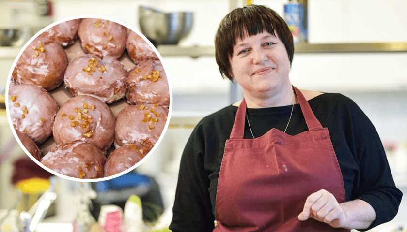 Prof. Danuta Figurska-Ciura z Katedry Żywienia Człowieka na Wydziale Biotechnologii i Nauk o Żywności, z lewej w kółku pączki