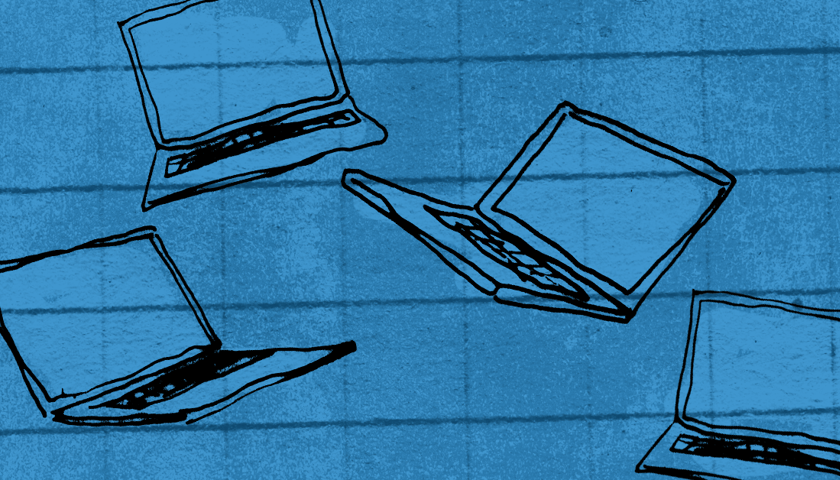 Laptopy na niebieskim tle. Grafika ilustracyjna.