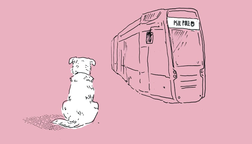 Siedzący pies obserwuje tramwaj, na przedzie tramwaju tabliczka z napisem Psie Pole. Grafika ilustracyjna