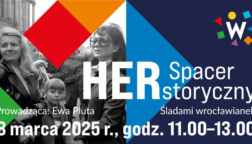 Plakat promujący wydarzenie spacer herstoryczny 8 marca w Międzynarodowym Dniu Kobiet.