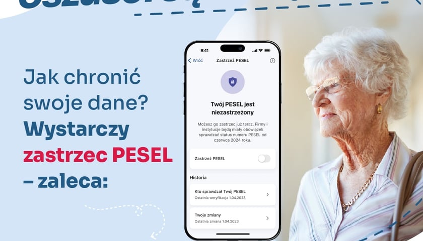 Infografika z napisem: Strzeż swojego numeru PESEL – oszuści są wszędzie. Jak chronić swoje dane? Wystarczy zastrzec PESEL – zaleca: Ministerstwo Cyfryzacji.