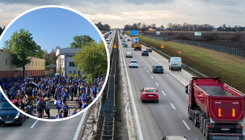 W tle - autostrada, zdjęcie ilustracyjne. W kółku - uczestnicy Auto Stop Race na starcie, zdjęcie archiwalne z 2024 roku