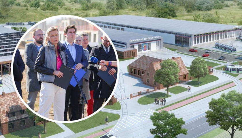 Projektant nowej zajezdni MPK Wrocław na Nowych Żernikach ma inspirować się m.in. nowoczesnym obiektem w Szczecinie, który widać na zdjęciu głównym. W kółku konferencja prasowa w miejscu, gdzie będzie nowa zajezdnia 