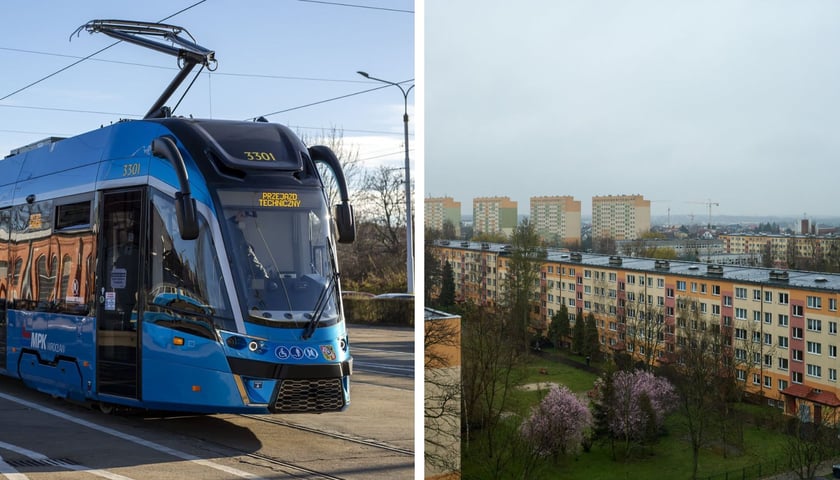 Z lewej: tramwaj Moderus Gamma 2, z prawej: Psie Pole - panorama z widokiem na zabudowę wielorodzinną. Zdjęcia ilustracyjne