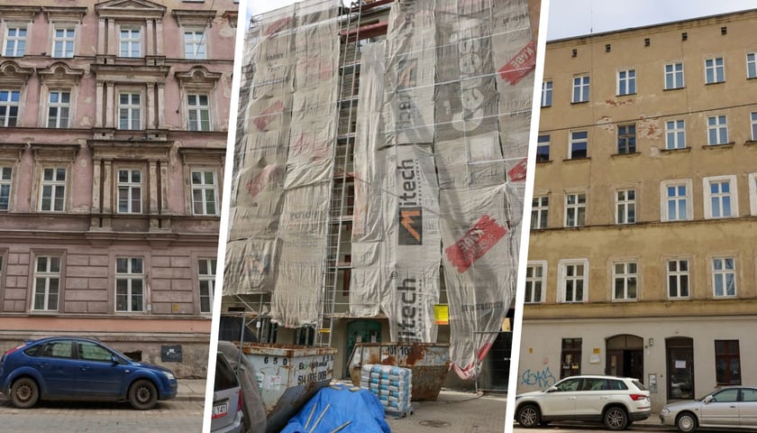 Fasady trzech remontowanych kamienic na Prądzyńskiego na Przedmieściu Oławskim (marzec 2025)