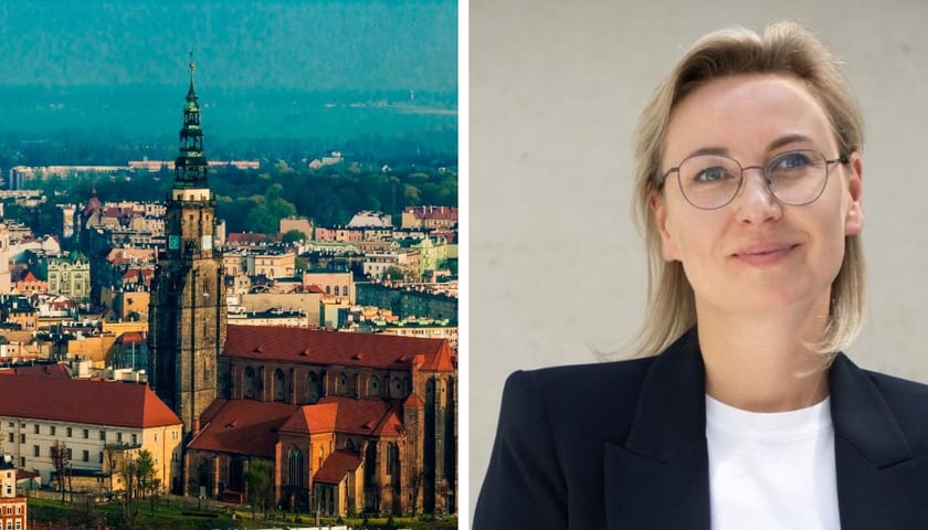 Z lewej panorama Świdnicy, zdjęcie ilustracyjne. Z prawej ministra Adriana Porowska