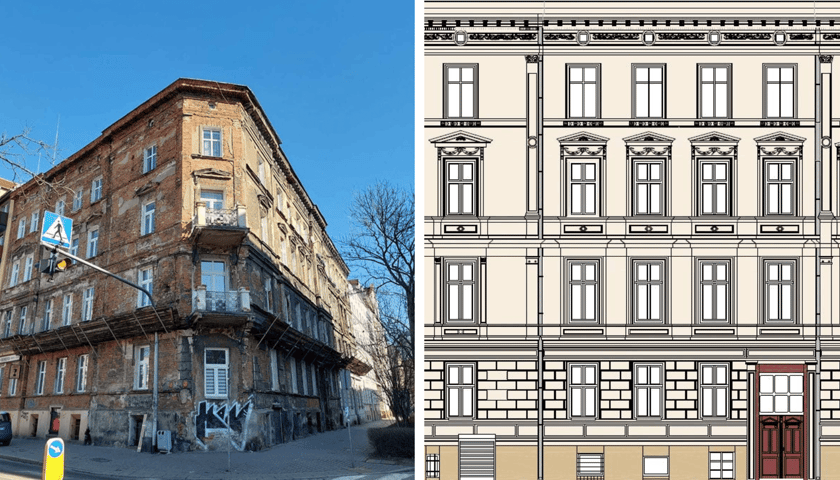 Po lewej - kamienica przy Otwartej 15 przed remontem, po prawej, wizualizacja remontu