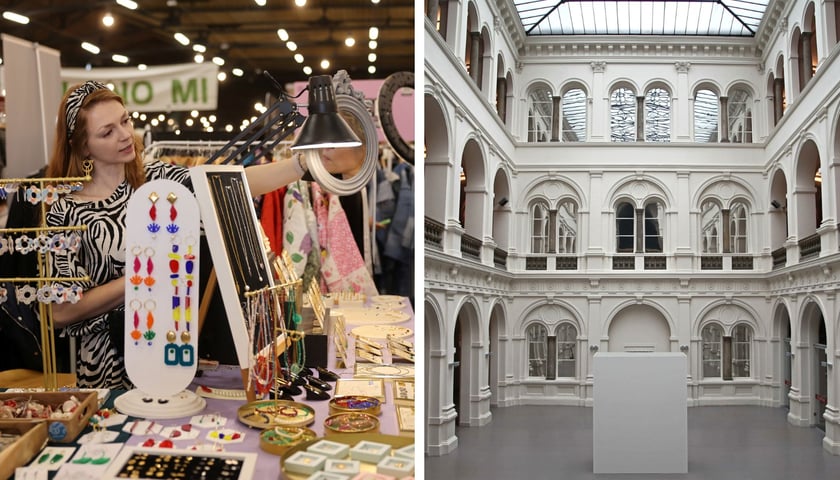 Po lewej: stoisko z biżuterią (Festiwal Kupuj Świadomie), po prawej: wnętrze Muzeum Narodowego we Wrocławiu