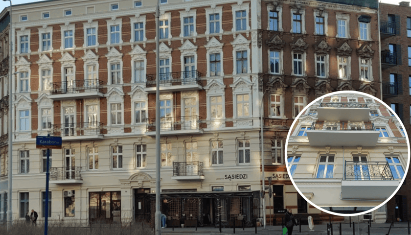 Wyremontowana frontowa elewacja kamienicy przy Wrocławczyka 37, w kółku widok na balkony
