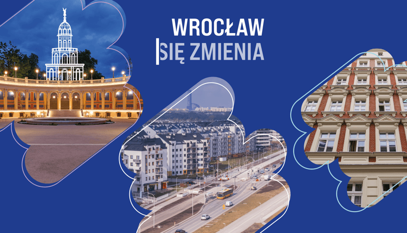 Grafika z napisem Wrocław się zmienia, od lewej: zrewitalizowany Bastion Sakwowy we Wrocławiu, obwodnica Leśnicy, wyremontowana kamienica.