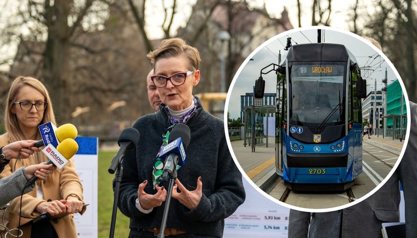 Na konsultacje społeczne zaprasza m.in. Monika Kozłowska-Święconek z Biura Zrównoważonej Mobilności (na zdjęciu podczas konferencji prasowej). Na małym zdjęciu w kółku tramwaj MPK Wrocław 