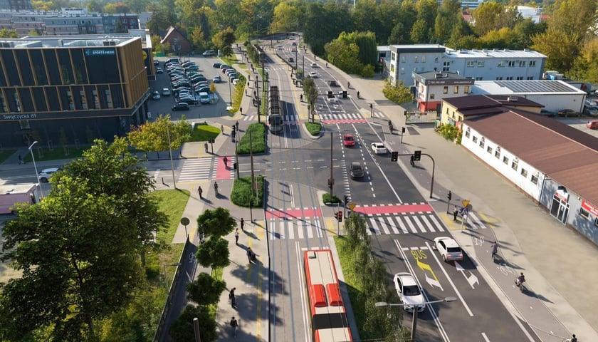 Wizualizacja przedstawia trasę autobusowo-tramwajową na Swojczyce 