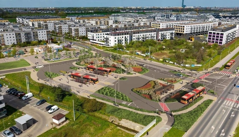 Кільцева розв'язка на Jagodno. Як показано на візуалізації, це автобусна розв'язка, але з часом вона стане автобусно-трамвайною