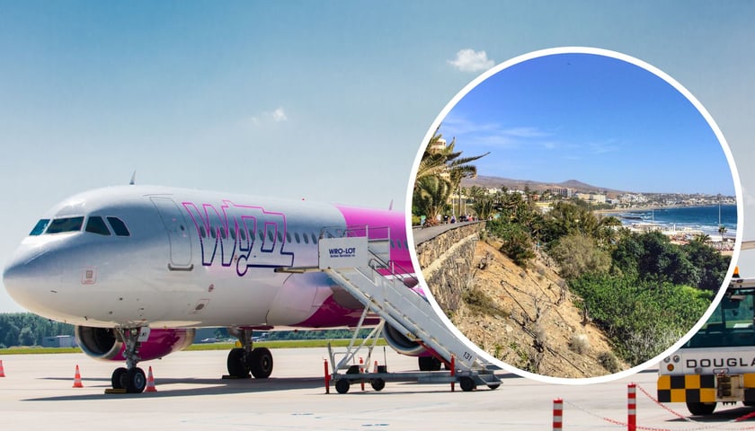 Samolot Wizz Air na wrocławskim lotnisku - na dużym zdjęciu (fot. wroclaw.pl). Na małym, w kółku: Gran Canaria (fot. Tom Jutte/Flickr.com (CC))