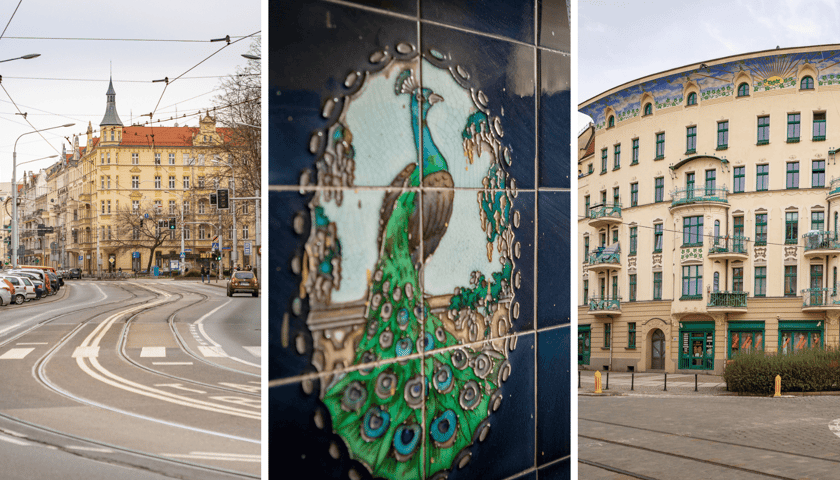 Różne obrazki z Ołbina - z lewej fragment ul. Piastowskiej, w środku detal z jednej z klatek schodowych (paw na niebieskim tle), po prawej fragment secesyjnej kamienicy przy ul. Prusa