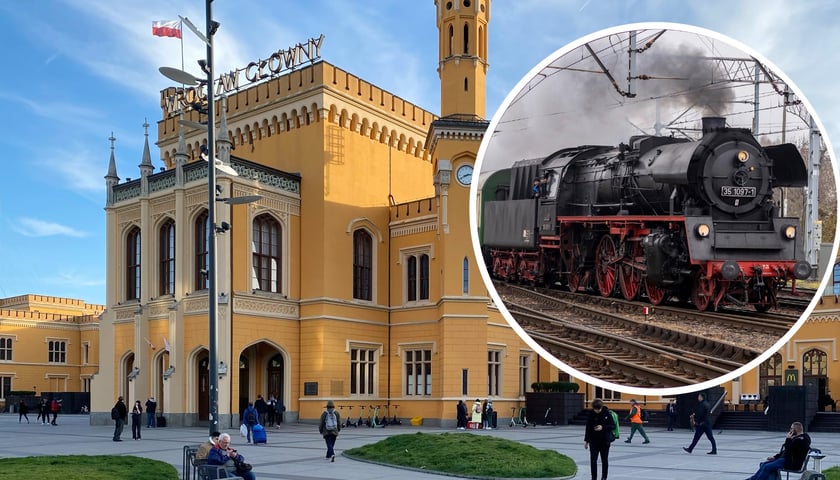 Dworzec Wrocław Główny na dużym zdjęciu, na małym lokomotywa