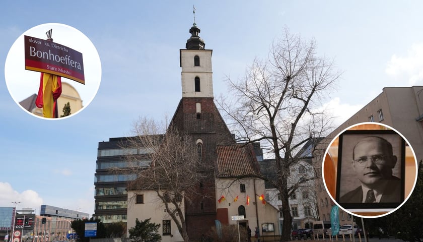Na dużym zdjęciu kościół św. Krzysztofa nieopodal placu Dominikańskiego, na dwóch małych zdjęciach tablica z nazwą skweru Dietricha Bonhoeffera i zdjęcie ewangelickiego patrona 
