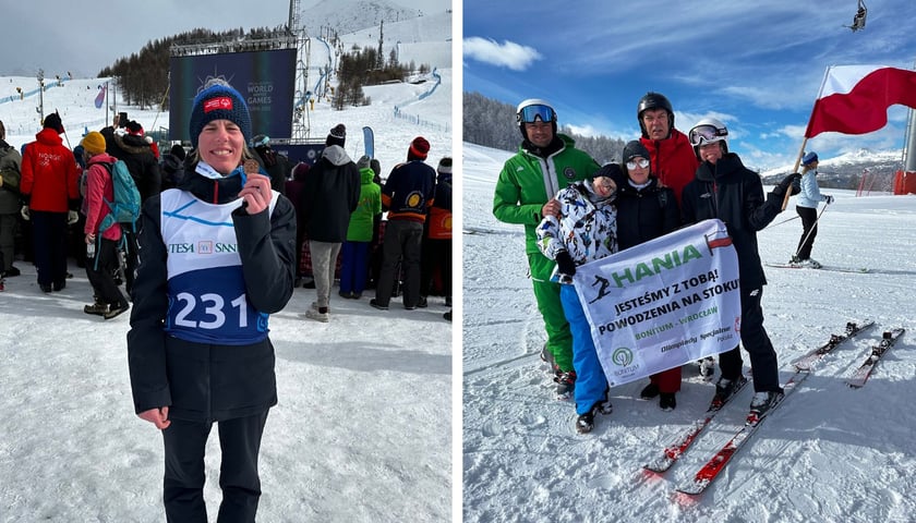 Dwa zdjęcia – z lewej Hanna Ciechanowicz w Turynie, z prawej Hanna Ciechanowicz z polską flagą i bliskimi na stoku w Turynie