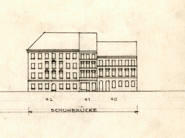 <p>Jeden z budynk&oacute;w, kt&oacute;re stały niegdyś przy Szewskiej - rysunek techniczny</p>