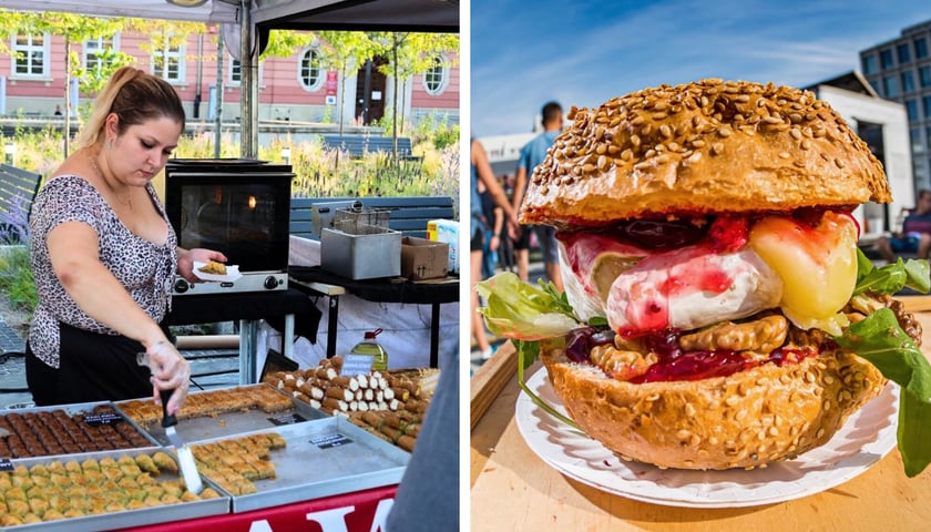Poprzednia edycja wydarzenia na placu Nowy Targ we Wrocławiu. Po lewej: kobieta przy stoisku ze słodkościami, po prawej: burger