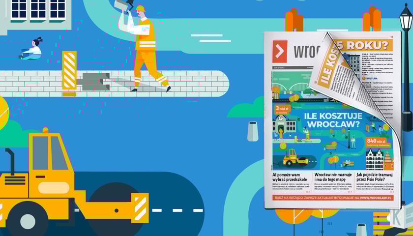 Infografika przedstawiająca fragment miasta z kwotami: 3 mld zł na oświatę, 1,55 mld zł na transport i łączność oraz 840 mln zł na ochronę środowiska