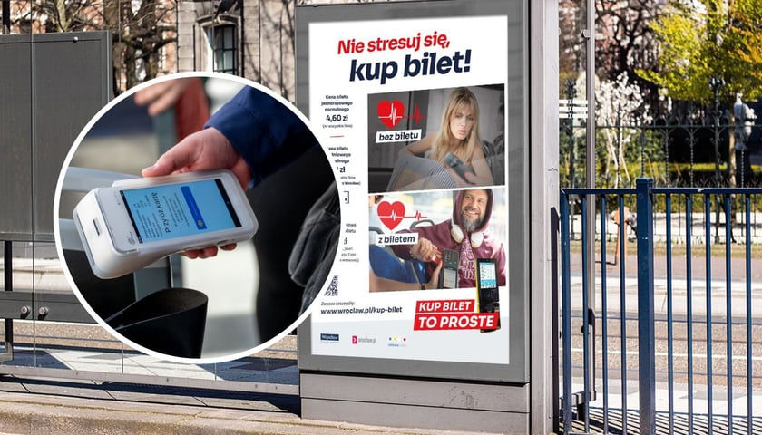 Plakat akcji "Nie stresuj się - kup bilet" na przystanku komunikacji miejskiej - duże zdjęcie. Na małym w kółku kontrola biletów