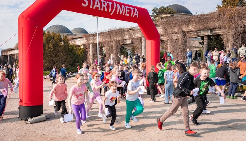 Grupa dzieci przebiega pod dmuchaną bramą start-meta Wrocławskiego Biegu Sponsorowanego (21 marca 2025)