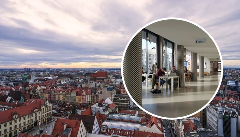 W tle: panorama Wrocławia, widok z wieży kościoła św. Elżbiety, zdjęcie ilustracyjne. W kółku: wnętrze lokalu Barbara przy ulicy Świdnickiej