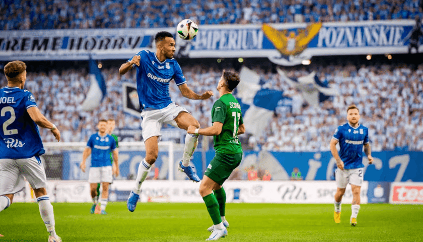 Piłkarze Lecha Poznań i Śląska Wrocław podczas ostatniego meczu tych drużyn na Enea Stadionie w Poznaniu. Lech zwyciężył 1:0
