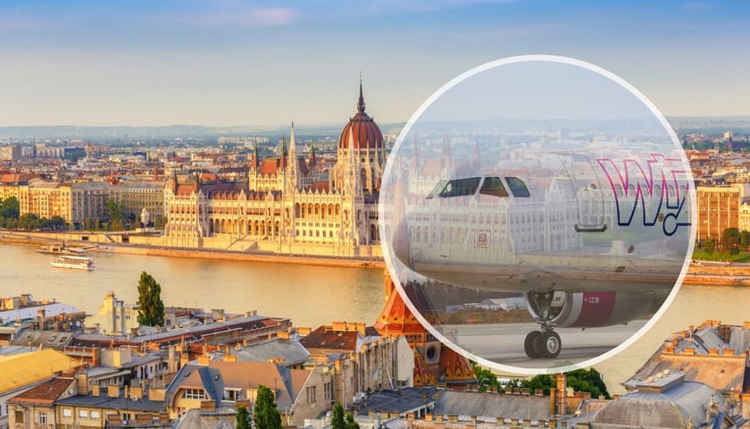 Widok na Dunaj, Budę i Pesz z budynkiem parlamentu nad brzegiem rzeki. W kółku jest kadłub samolotu linii Wizz Air