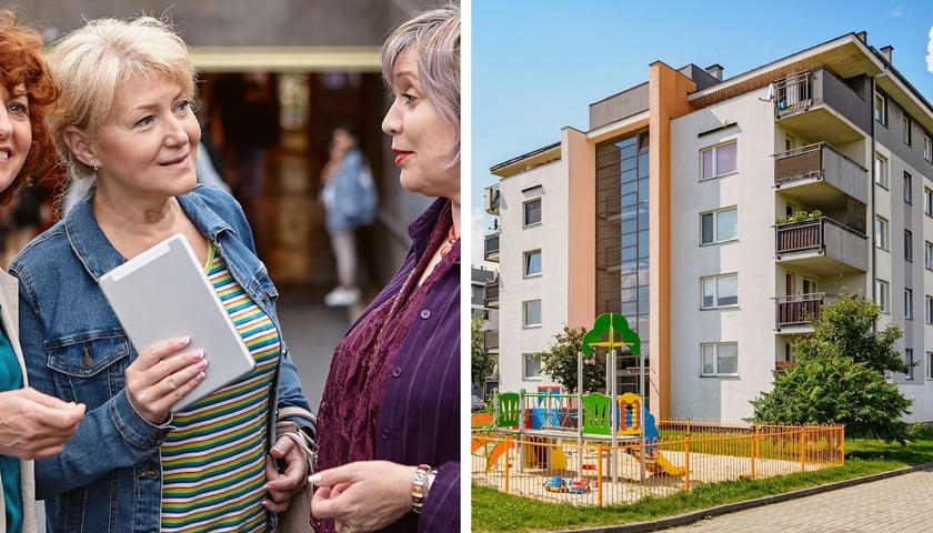 Blok mieszkalny TBS Wrocław, trzy kobiety patrzą na siebie