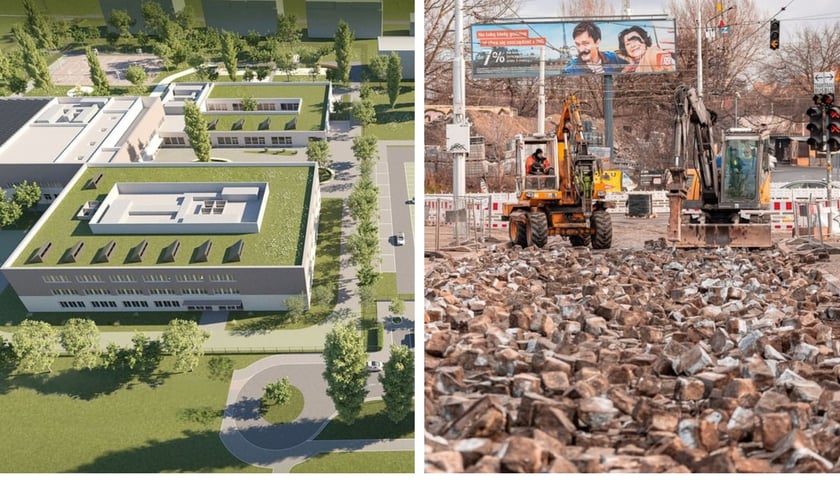 Z lewej wizualizacja zespołu szkolno-przedszkolnego przy Zwycięskiej / z prawej remont pl. Powstańców Wielkopolskich z 2024 r. (zdjęcia ilustracyjne)