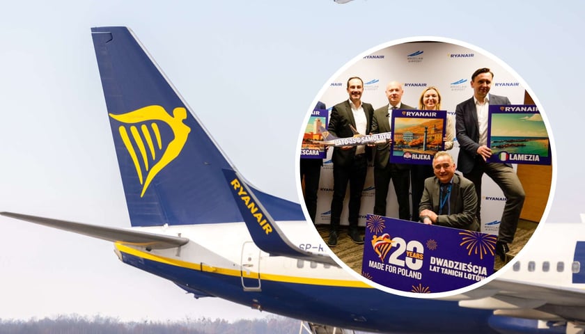 Na dużym zdjęciu samolot Ryanair na wrocławskim lotnisku. Na małym - w kółku - konferencja Ryanaira w Porcie Lotniczym Wrocław 