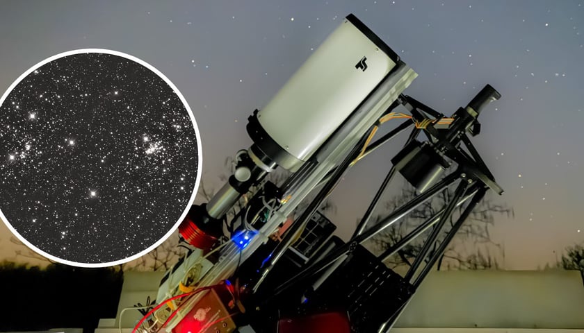 Na dużym zdjęciu teleskop Ritchey-Chrétien firmy RC Optical Systems, na małym zdjęciu w kółku – podwójna młoda gromada otwarta χ/h Persei w gwiazdozbiorze Perseusza   