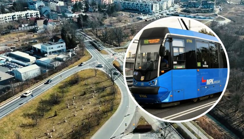 Widok na trasę tramwaju na Psie Pole z drona (duże zdjęcie) i tramwaj MPK (małe) 