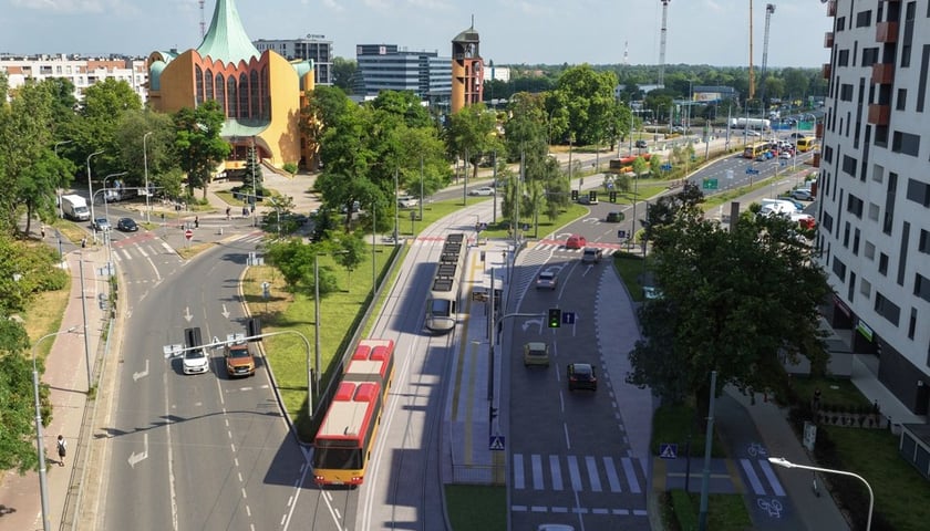 Wizualizacja przebudowanego torowiska w ulicy Bardzkiej, niedaleko kościoła