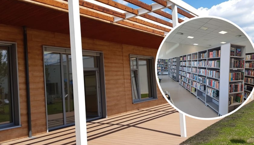 W tle: budynek w którym mieszczą się biblioteka oraz CAL na Jagodnie. W kółku: biblioteka na Jagodnie